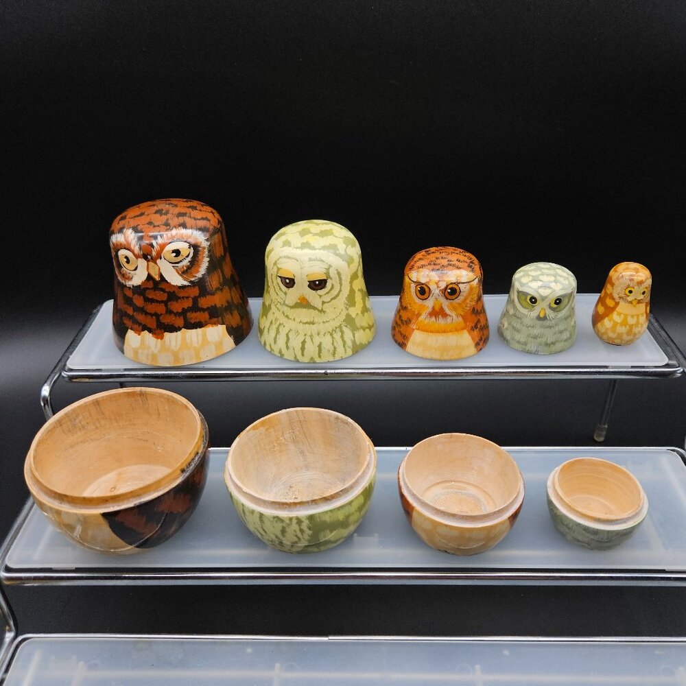 Vintage Owl Family Nesting Dolls Enesco Wooden Hand Painted 5pc Set Kitschy
